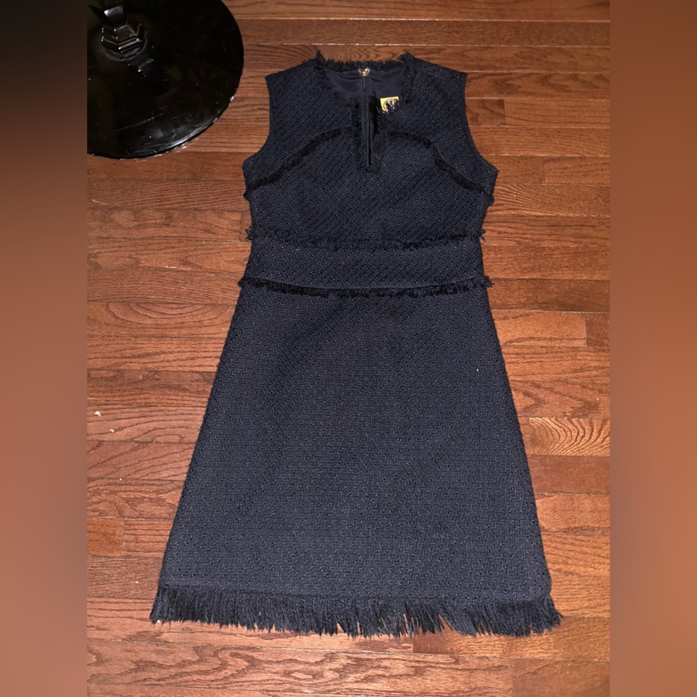 Tory Burch Navy Sleeveless Tweed Fringe Dress